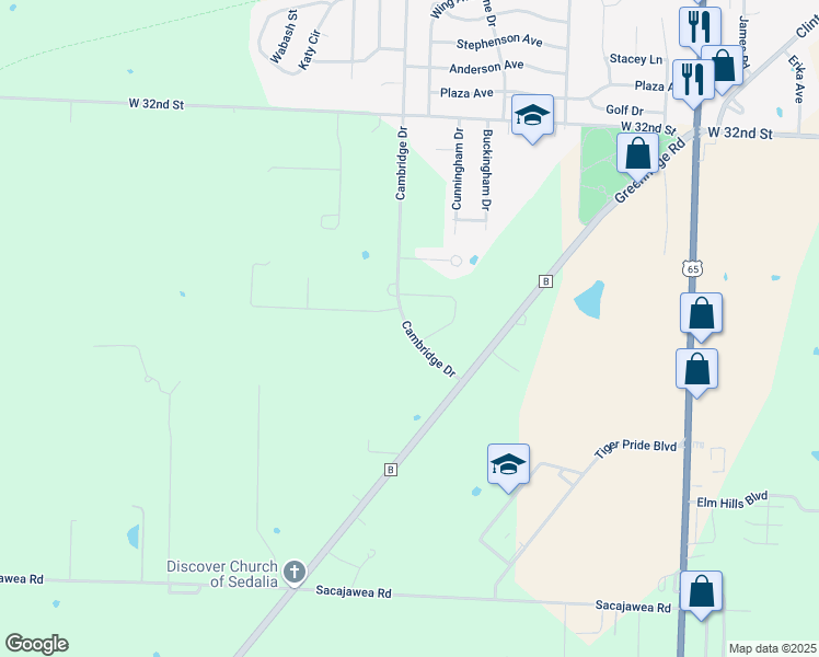 map of restaurants, bars, coffee shops, grocery stores, and more near Cambridge Drive in Sedalia