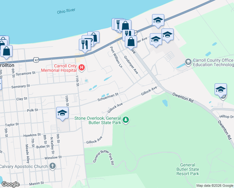 map of restaurants, bars, coffee shops, grocery stores, and more near Schuerman Street in Carrollton
