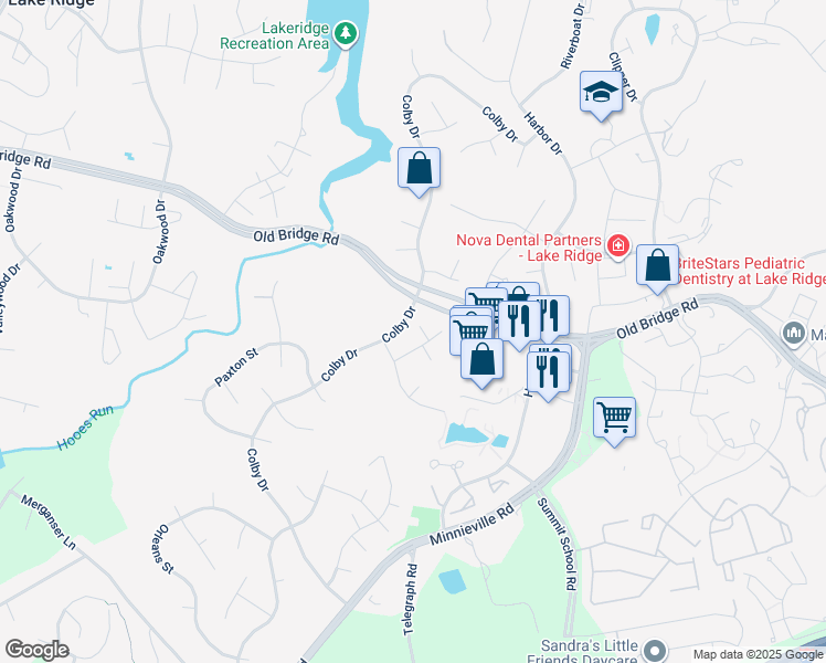 map of restaurants, bars, coffee shops, grocery stores, and more near 12706 Kingsbury Court in Woodbridge