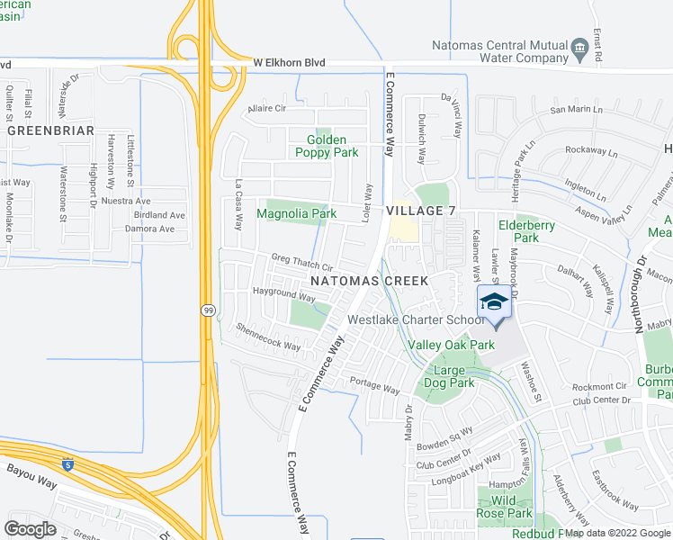 map of restaurants, bars, coffee shops, grocery stores, and more near Greg Thatch Circle & Ayala Way in Sacramento