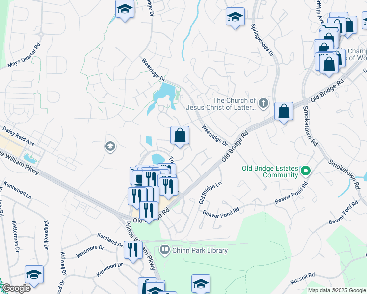 map of restaurants, bars, coffee shops, grocery stores, and more near 12750 Sidney Way in Woodbridge