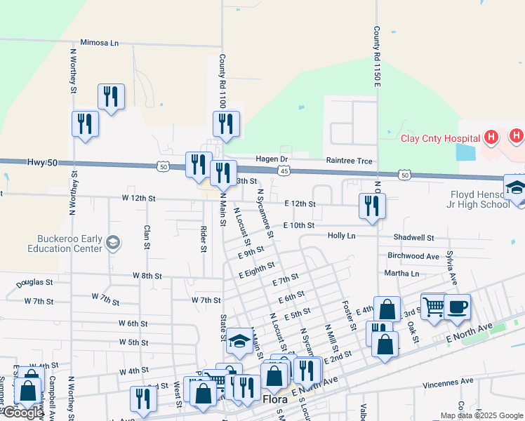 map of restaurants, bars, coffee shops, grocery stores, and more near 1098 North Sycamore Street in Flora