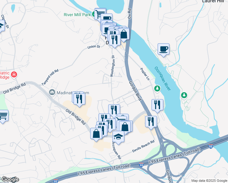 map of restaurants, bars, coffee shops, grocery stores, and more near 101 Washington Street in Occoquan Historic District