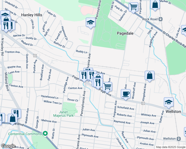 map of restaurants, bars, coffee shops, grocery stores, and more near 1325 Milford Avenue in St. Louis