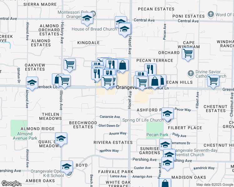 map of restaurants, bars, coffee shops, grocery stores, and more near 8864 Greenback Lane in Orangevale