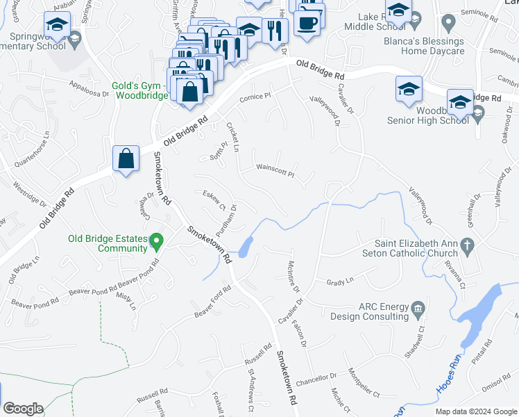 map of restaurants, bars, coffee shops, grocery stores, and more near 3474 Madelyn Court in Woodbridge