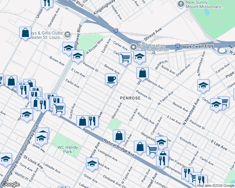 map of restaurants, bars, coffee shops, grocery stores, and more near 4706 Lee Avenue in St. Louis