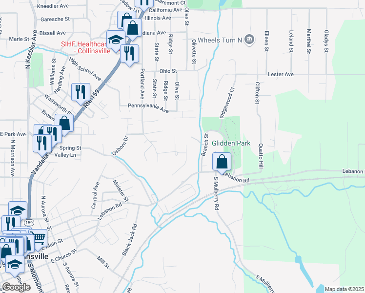 map of restaurants, bars, coffee shops, grocery stores, and more near 705 Oak Trail in Collinsville