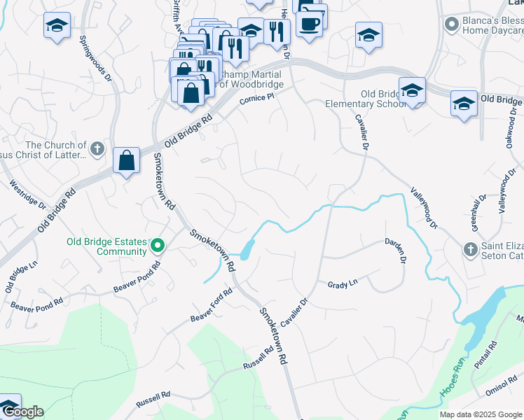 map of restaurants, bars, coffee shops, grocery stores, and more near 3474 Madelyn Court in Woodbridge