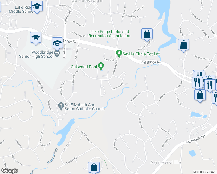 map of restaurants, bars, coffee shops, grocery stores, and more near 12660 Dulcinea Place in Woodbridge