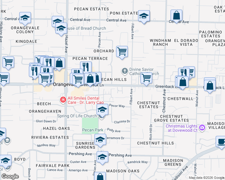 map of restaurants, bars, coffee shops, grocery stores, and more near 9035 Crescenda Lane in Orangevale