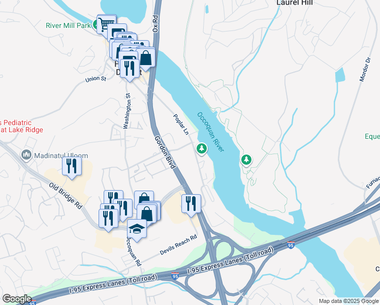 map of restaurants, bars, coffee shops, grocery stores, and more near 12713 Gordon Boulevard in Woodbridge