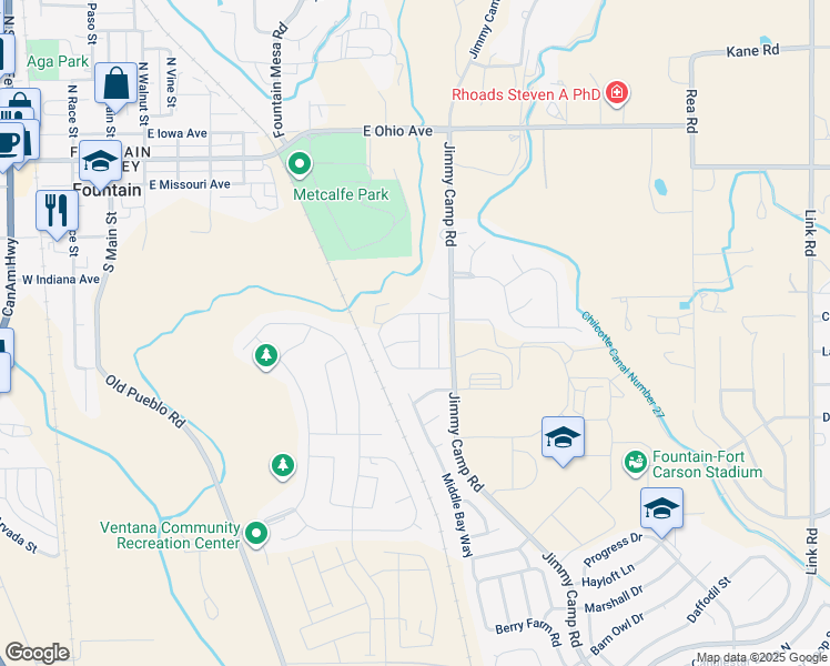 map of restaurants, bars, coffee shops, grocery stores, and more near 7353 Little Jimmy Grove in Fountain