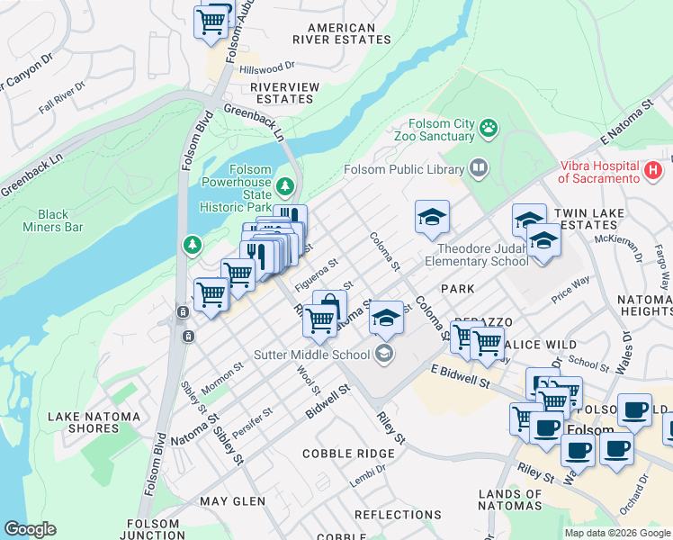 map of restaurants, bars, coffee shops, grocery stores, and more near 506 Mormon Street in Folsom