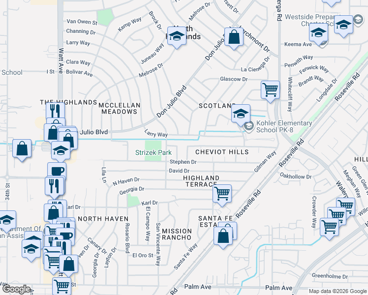 map of restaurants, bars, coffee shops, grocery stores, and more near 6108 Sunday Drive in North Highlands
