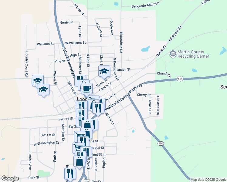 map of restaurants, bars, coffee shops, grocery stores, and more near 400 Church Street in Loogootee