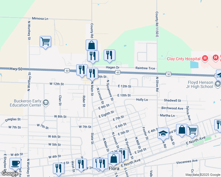 map of restaurants, bars, coffee shops, grocery stores, and more near 1000-1098 North Sycamore Street in Flora