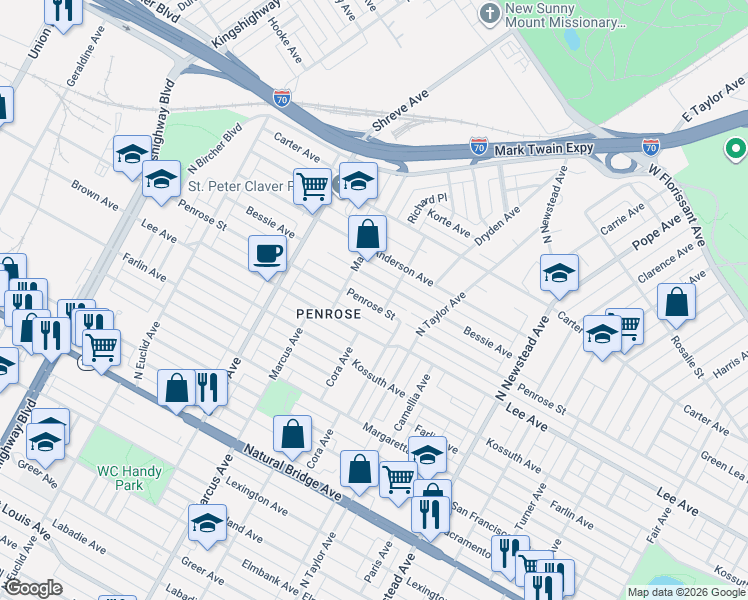 map of restaurants, bars, coffee shops, grocery stores, and more near 4634 Penrose Street in St. Louis