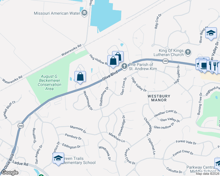map of restaurants, bars, coffee shops, grocery stores, and more near 650 Stablestone Drive in Chesterfield