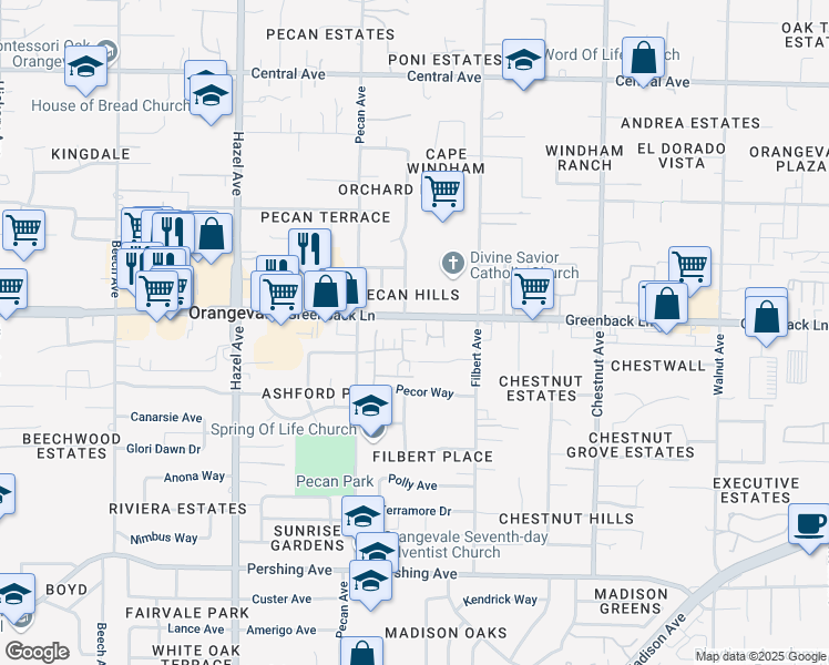 map of restaurants, bars, coffee shops, grocery stores, and more near 6146 Passiflora Lane in Orangevale