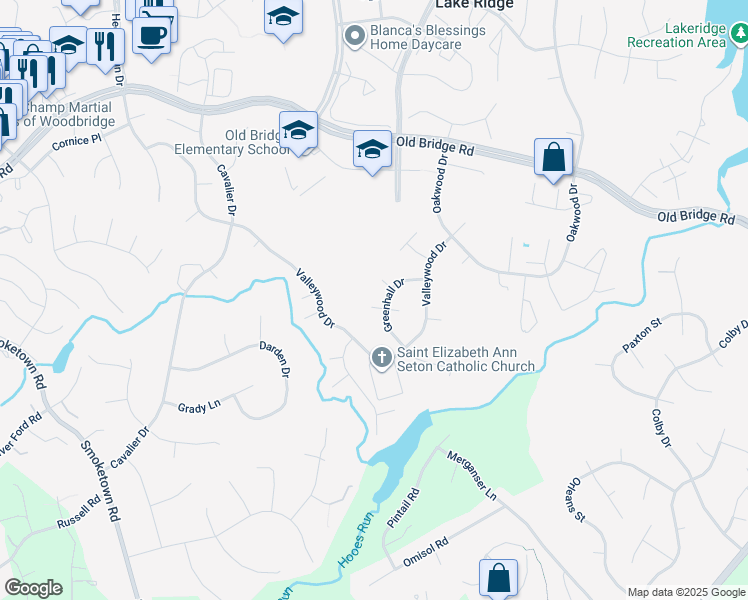 map of restaurants, bars, coffee shops, grocery stores, and more near 3004 Jamestown Court in Woodbridge