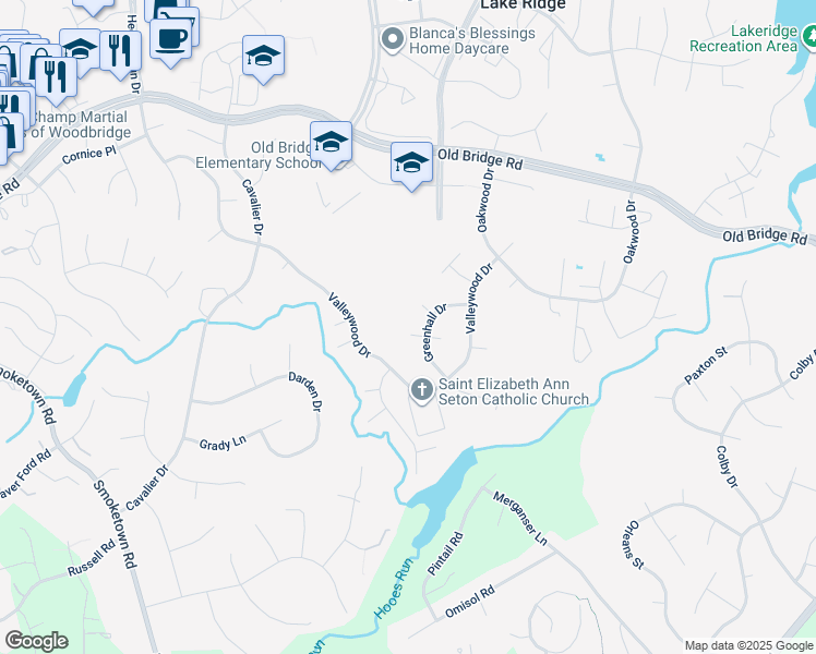 map of restaurants, bars, coffee shops, grocery stores, and more near 3006 Jamestown Court in Woodbridge