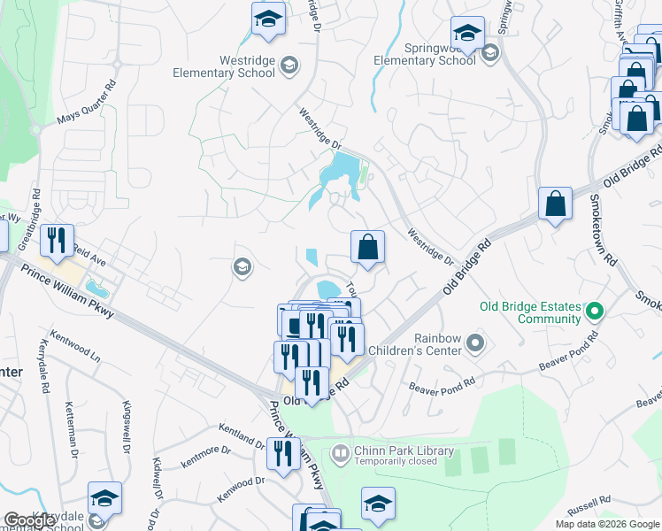 map of restaurants, bars, coffee shops, grocery stores, and more near 4140 Hummel Way in Woodbridge