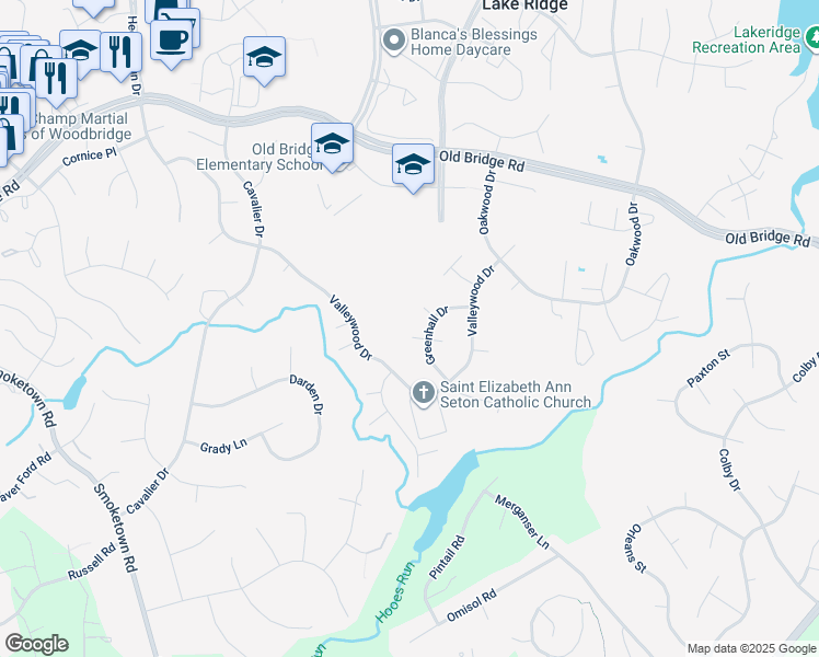 map of restaurants, bars, coffee shops, grocery stores, and more near 3006 Jamestown Court in Woodbridge