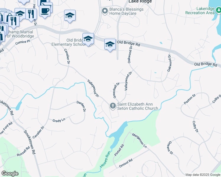 map of restaurants, bars, coffee shops, grocery stores, and more near 3004 Jamestown Court in Woodbridge
