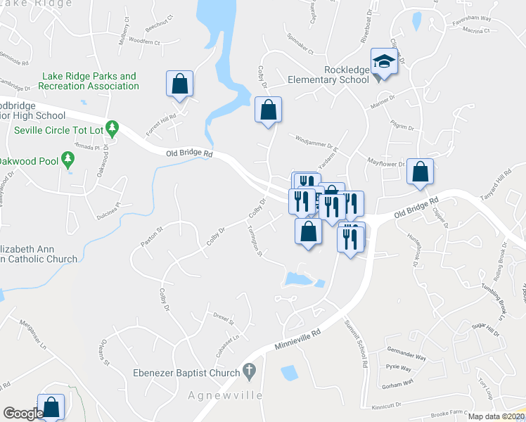 map of restaurants, bars, coffee shops, grocery stores, and more near 12704 Kingsbury Court in Woodbridge