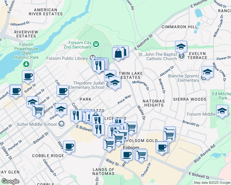 map of restaurants, bars, coffee shops, grocery stores, and more near 101 Dean Way in Folsom