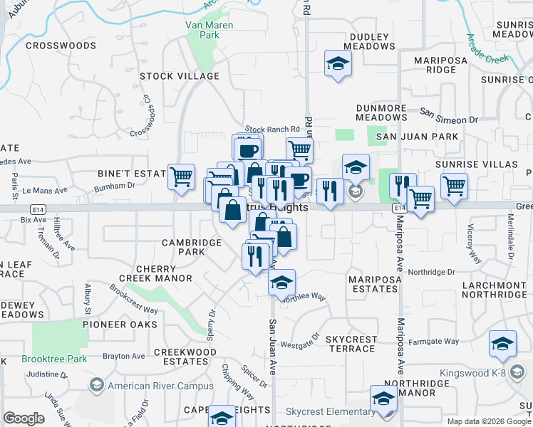 map of restaurants, bars, coffee shops, grocery stores, and more near 7398 Greenback Lane in Citrus Heights