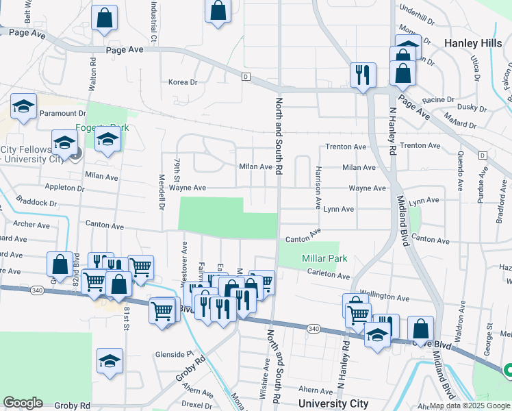 map of restaurants, bars, coffee shops, grocery stores, and more near 1443 78th Street in University City
