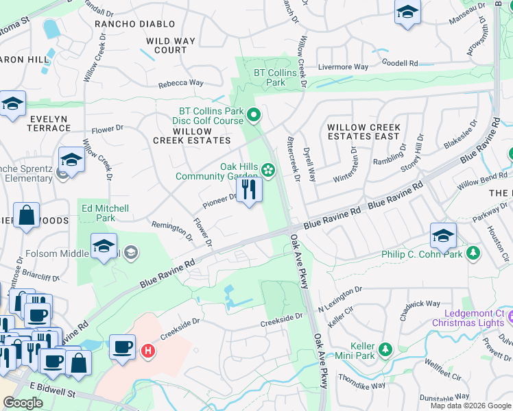 map of restaurants, bars, coffee shops, grocery stores, and more near 128 Mesquite Court in Folsom