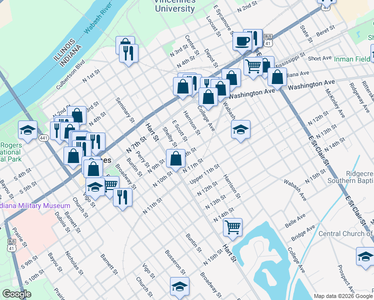 map of restaurants, bars, coffee shops, grocery stores, and more near 705 North 10th Street in Vincennes