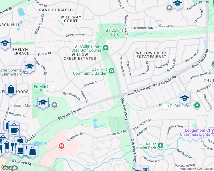 map of restaurants, bars, coffee shops, grocery stores, and more near 128 Mesquite Court in Folsom