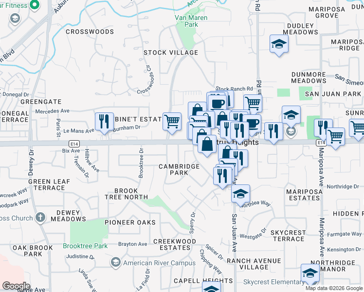 map of restaurants, bars, coffee shops, grocery stores, and more near 6131 Terrell Drive in Citrus Heights