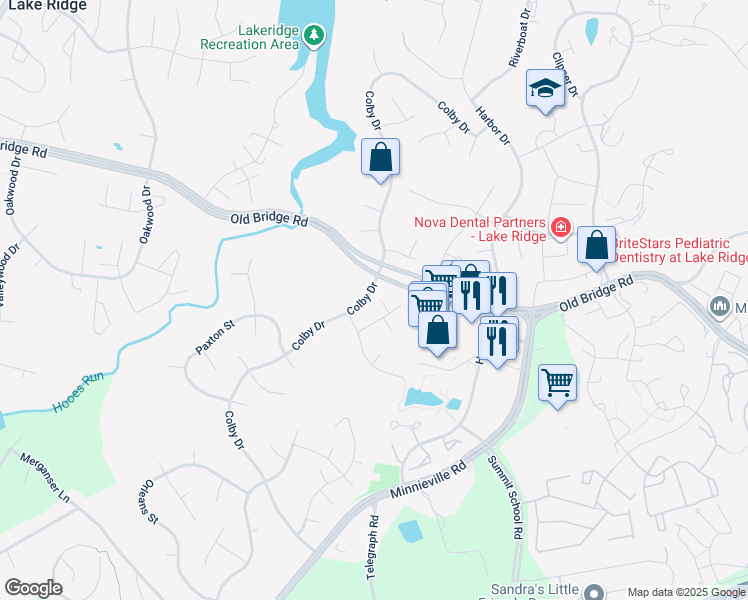 map of restaurants, bars, coffee shops, grocery stores, and more near 12704 Kingsbury Court in Woodbridge