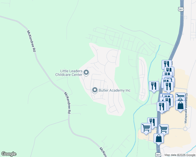 map of restaurants, bars, coffee shops, grocery stores, and more near 15407 Gideon Gilpin Street in Brandywine
