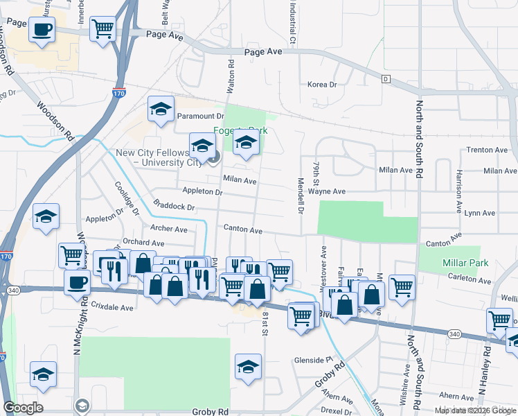 map of restaurants, bars, coffee shops, grocery stores, and more near 8104 Braddock Drive in University City
