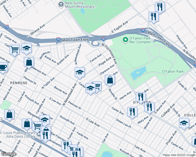 map of restaurants, bars, coffee shops, grocery stores, and more near 4440 Clarence Avenue in St. Louis