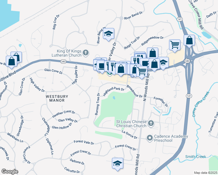 map of restaurants, bars, coffee shops, grocery stores, and more near 60 Highland Park Drive in Chesterfield