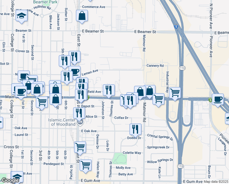 map of restaurants, bars, coffee shops, grocery stores, and more near 215 E Street in Woodland