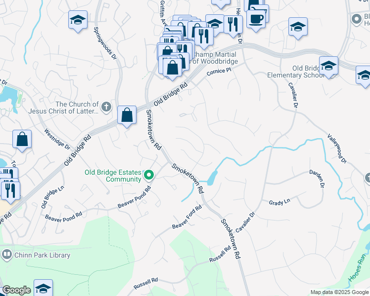 map of restaurants, bars, coffee shops, grocery stores, and more near 3558 Hummock Place in Woodbridge