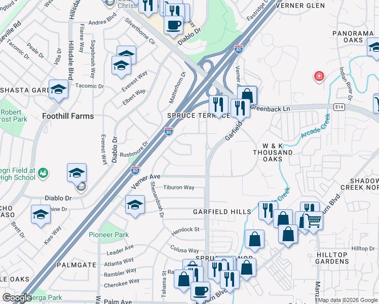 map of restaurants, bars, coffee shops, grocery stores, and more near 5333 Valparaiso Circle in Sacramento