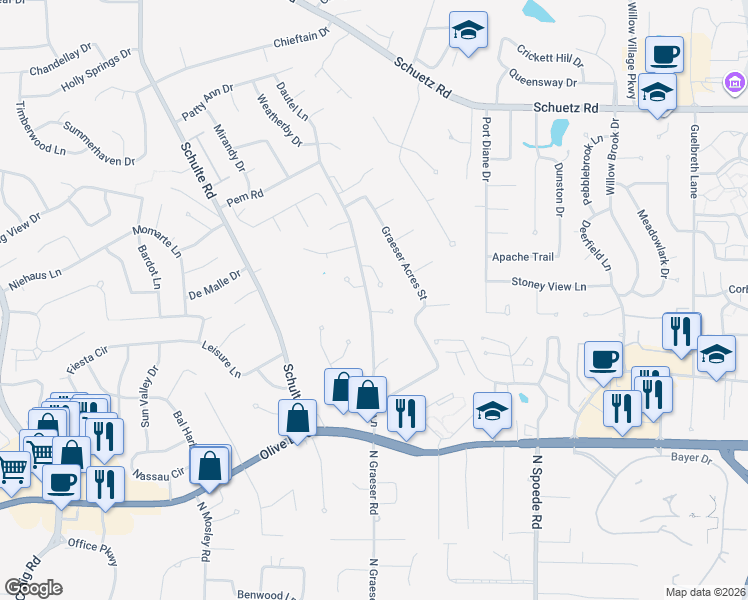 map of restaurants, bars, coffee shops, grocery stores, and more near 10904 Dautel Manor Court in St. Louis