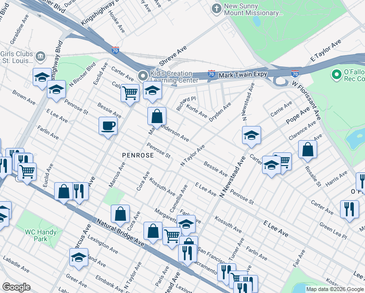 map of restaurants, bars, coffee shops, grocery stores, and more near 4601 Penrose Street in St. Louis