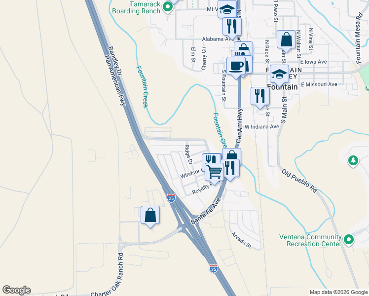 map of restaurants, bars, coffee shops, grocery stores, and more near 501 Crest Street in Fountain