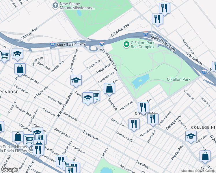 map of restaurants, bars, coffee shops, grocery stores, and more near 4525 Athlone Avenue in St. Louis