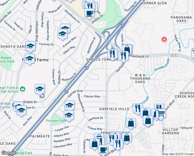map of restaurants, bars, coffee shops, grocery stores, and more near 5333 Valparaiso Circle in Sacramento